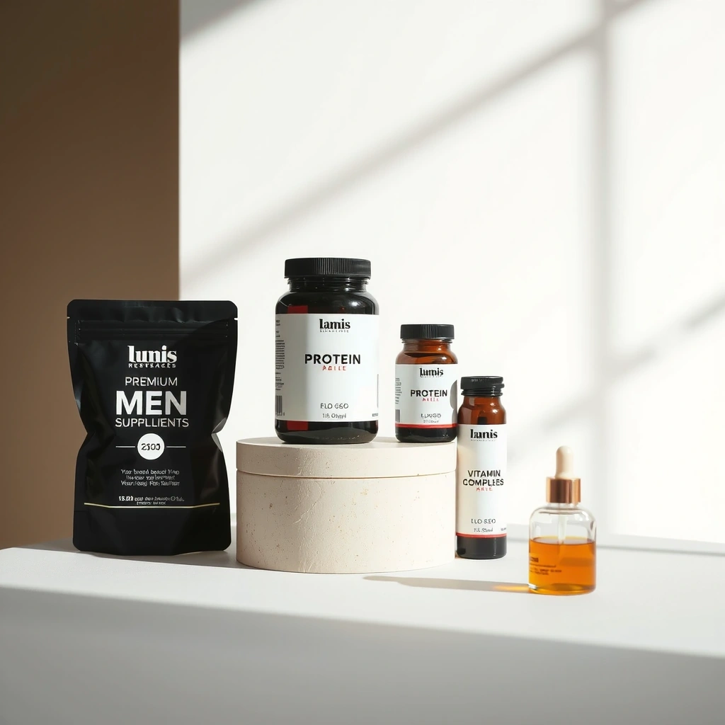 Premium men's vitality supplements and natural health products with modern packaging